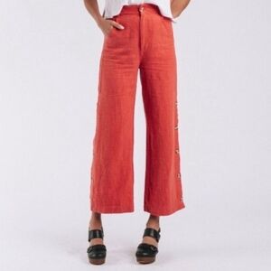 Mo:vint New York from Anthropologie coral colored wide leg linen pants